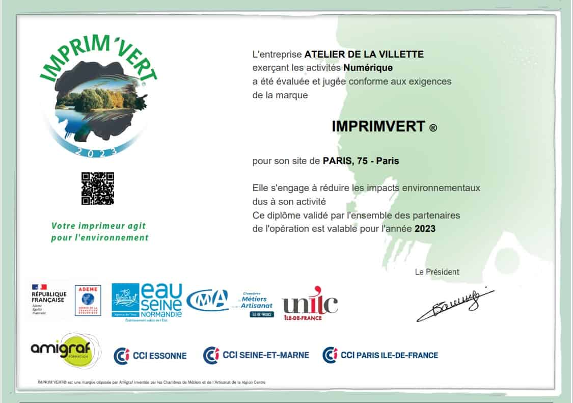 Diplôme du label Imprim'Vert 2023 de l'Atelier de la Villette